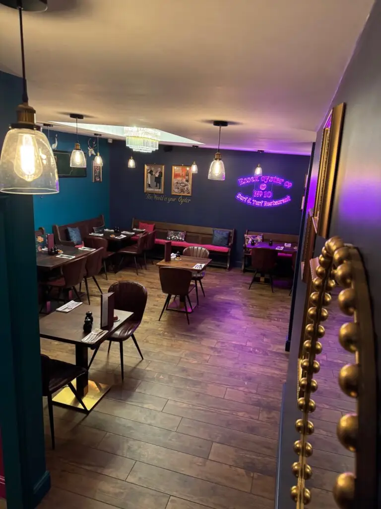Colourful and moodily lit Essex Oyster Co restaurant interior