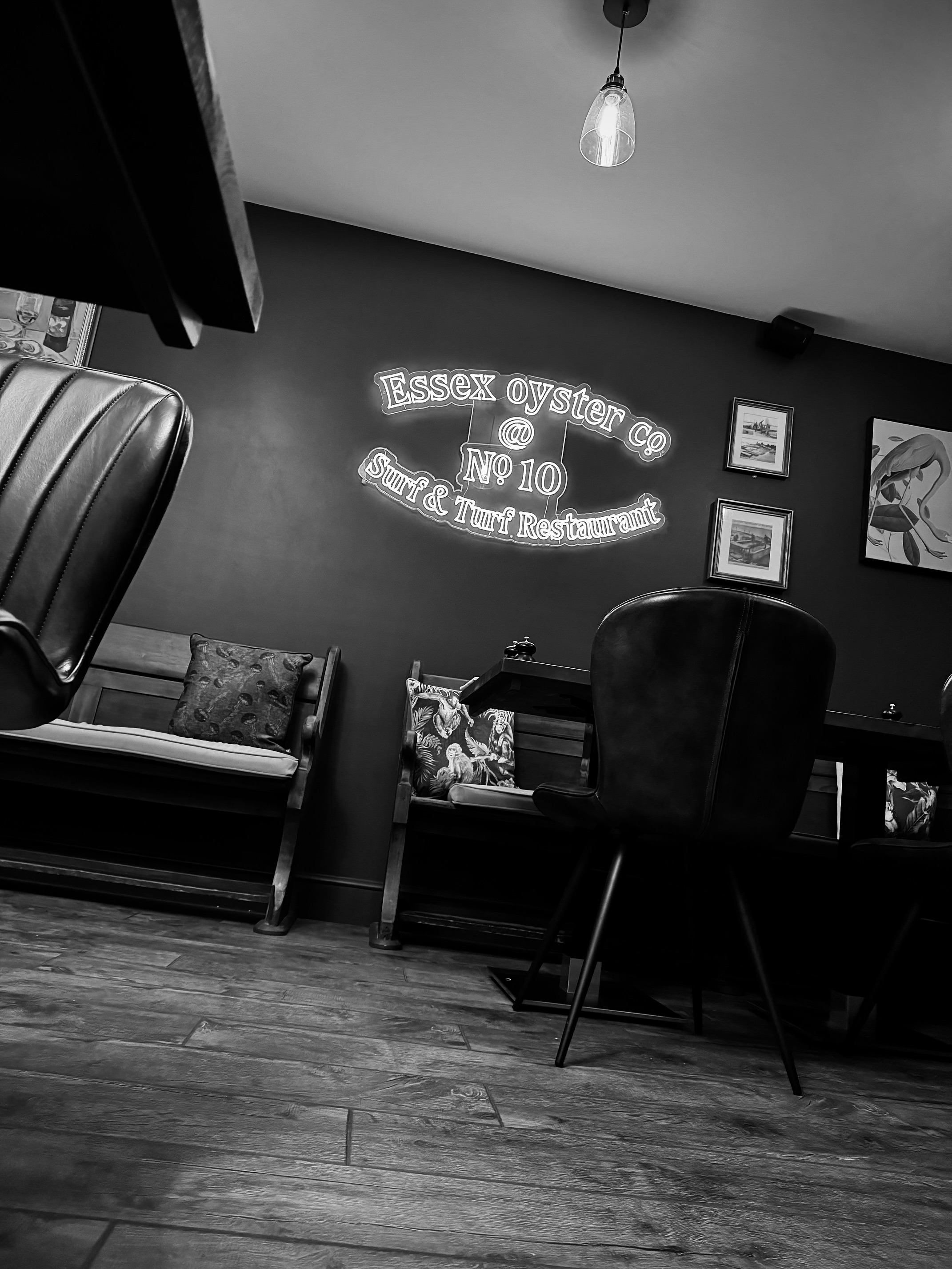 Restaurant internal view with logo